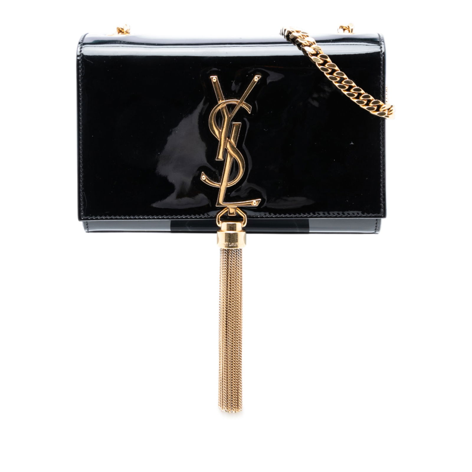 Black Patent Leather Kate Tassel Bag by Saint Laurent with Chain Strap: Black Patent Leather Kate Tassel Bag by Saint Laurent with Chain Strap This Saint Laurent Small Patent Monogram Kate Tassel Crossbody showcases a glossy patent leather body in black, accented by a gol