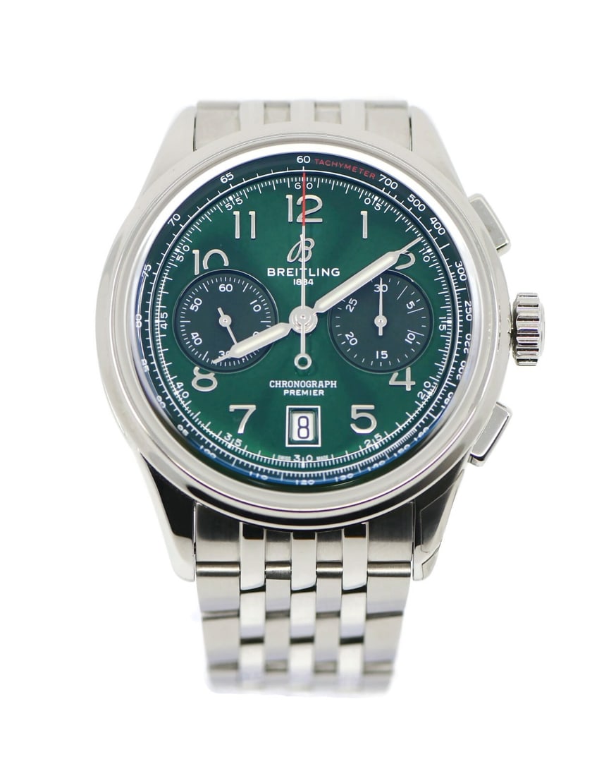 Breitling Premier B01 Chronograph Green Dial Stainless Steel Watch AB0145: Breitling Premier B01 Chronograph Green Dial Stainless Steel Watch AB0145 Discover the Breitling Premier B01 Chronograph, a luxurious wristwatch that combines elegance with robust functionality. This