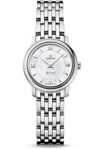 Ladies Omega De Ville Prestige White MOP Dial Bracelet Watch Ref 424.10.24.60.05.001: Ladies Omega De Ville Prestige White MOP Dial Bracelet Watch Ref 424.10.24.60.05.001 This Omega De Ville Prestige B/P ladies' watch features a white mother-of-pearl dial and a smooth bezel, complement