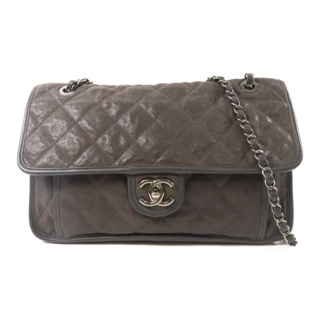 CHANEL Gray Calfskin Leather Shoulder Bag with Chain SHW (1 of 18)