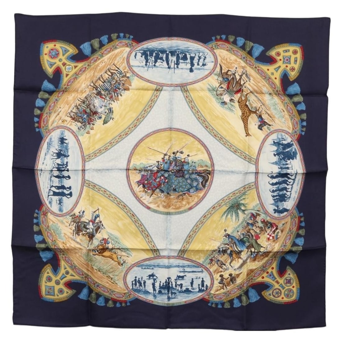 Hermes Cavaliers Peuls Blue Silk 90cm Scarf with Box France: Hermes Cavaliers Peuls Blue Silk 90cm Scarf with Box France This Hermes Carre 90 "Cavaliers Peuls" scarf is crafted from luxurious silk in a striking blue color. Made in France, it features a classic
