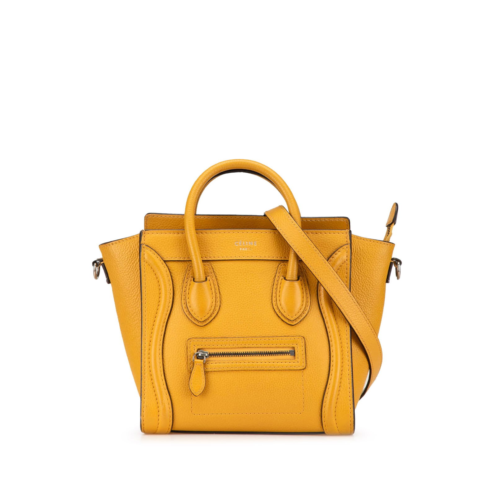 Celine Nano Leather Luggage Tote Yellow Italian Leather Bag: Celine Nano Leather Luggage Tote Yellow Italian Leather Bag This Celine Nano Leather Luggage Tote is a stylish and functional accessory crafted from high-quality leather. It features a structured body