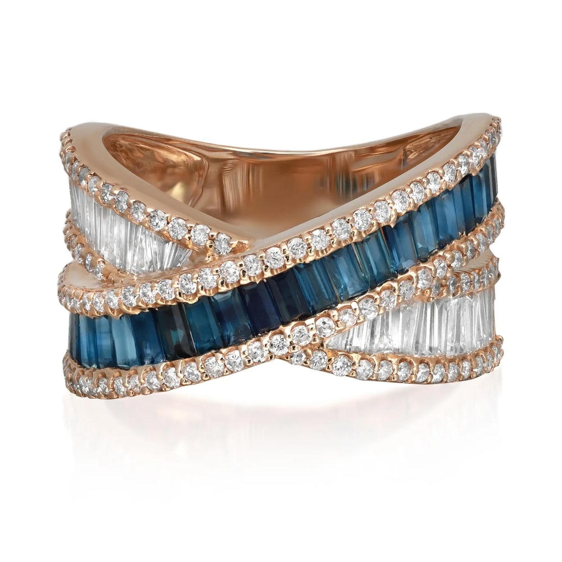 Rachel Koen 14K Yellow Gold Crisscross Band Ring with Baguette Diamonds & Sapphires Size 7: Rachel Koen 14K Yellow Gold Crisscross Band Ring with Baguette Diamonds & Sapphires Size 7 Introducing a stunning crisscross band ring, exquisitely crafted in 14K yellow gold. This luxurious piece fea