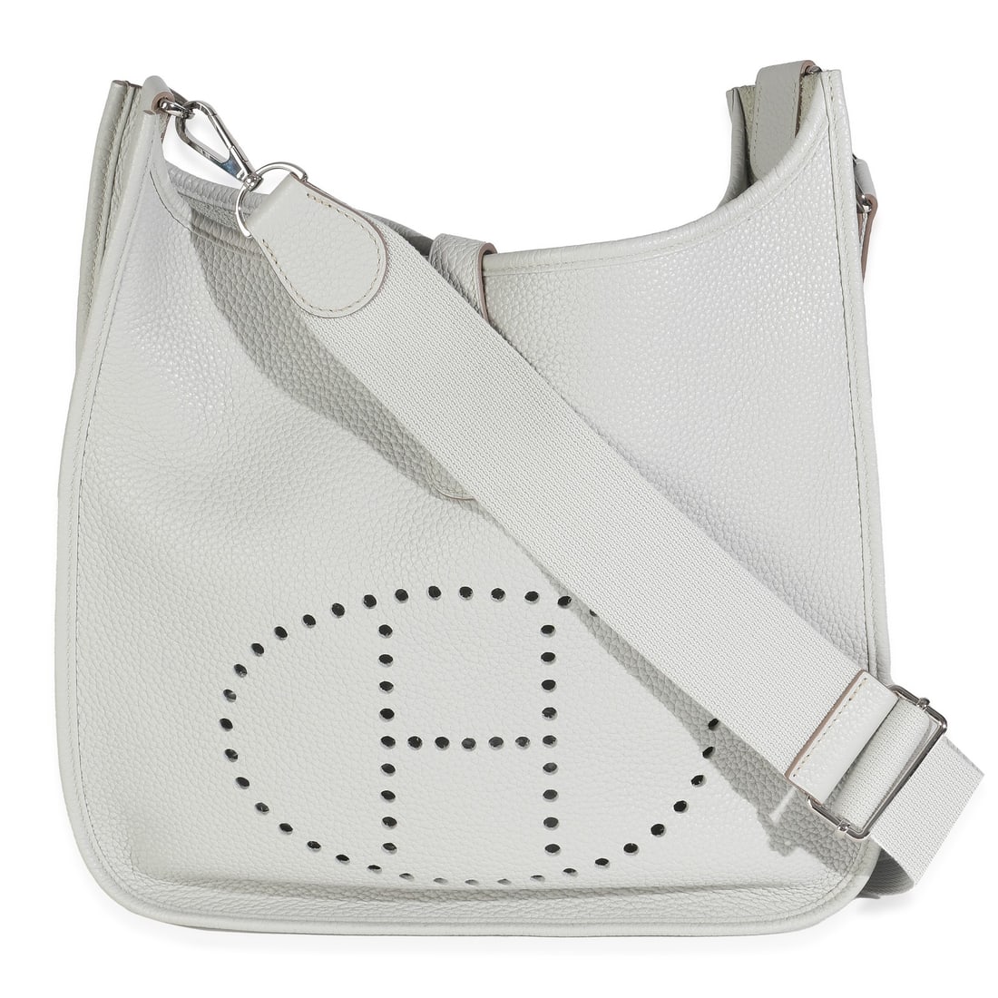 Evelyne 33 GM Gray Leather Crossbody by Hermes with Silver-Tone Hardware: Evelyne 33 GM Gray Leather Crossbody by Hermes with Silver-Tone Hardware Introducing the exquisite Hermes Evelyne III 29, a luxurious handbag crafted in France. This versatile bag features a stylish d