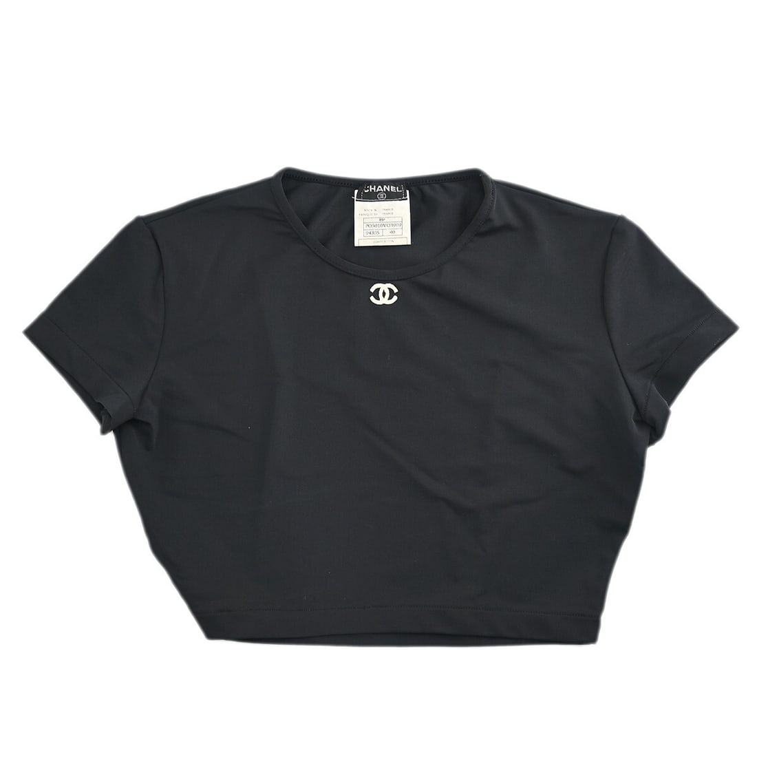 Chanel Cropped T-Shirt Black 95P Size 40 Short Sleeve: Chanel Cropped T-Shirt Black 95P Size 40 Short Sleeve Elevate your casual wardrobe with this chic Chanel Cropped T-shirt. Crafted from a blend of 80% nylon and 20% spandex, this stylish piece offers a