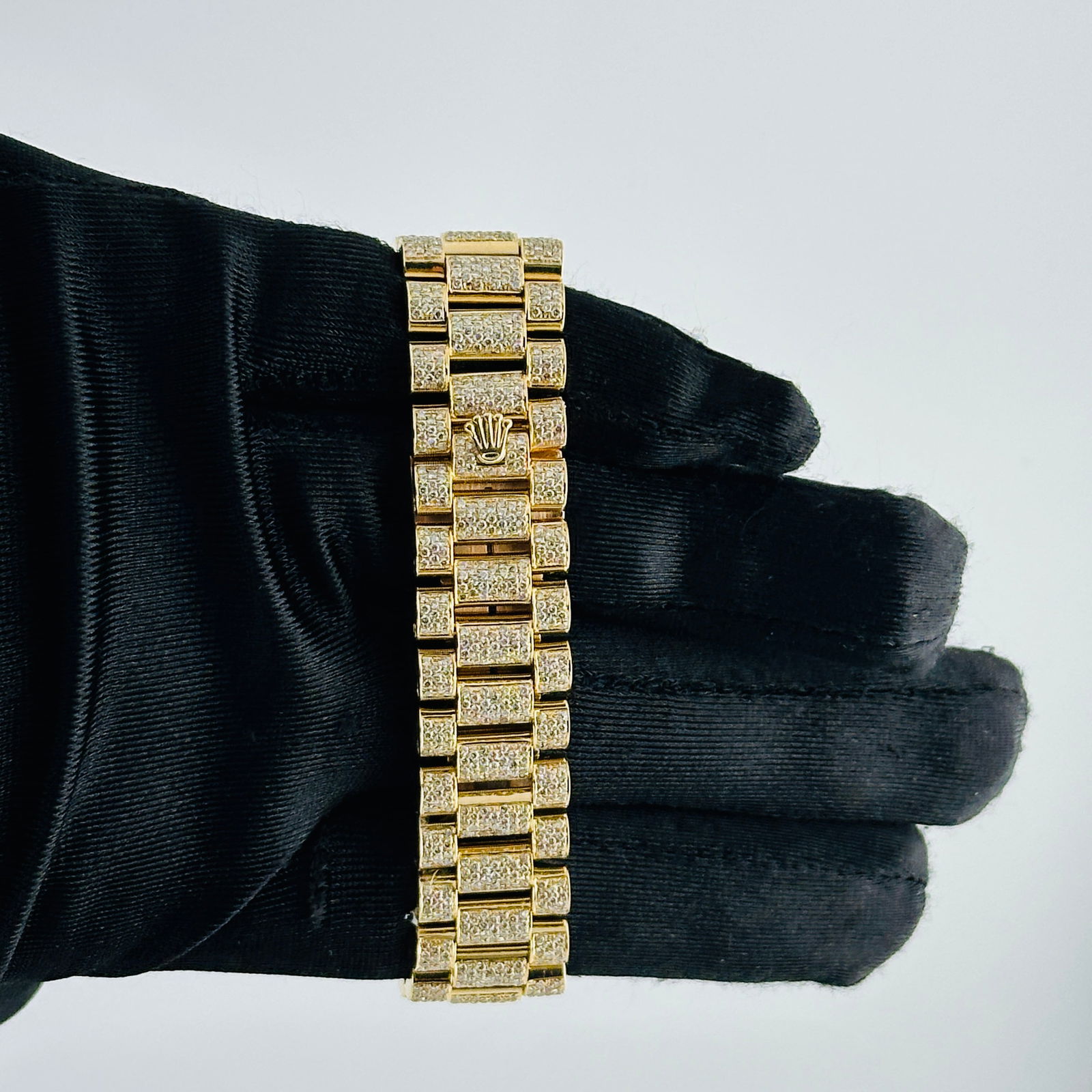 Day-Date Ref 1803 Mens Watch Aftermarket Diamond Dial President 18K Bracelet: Day-Date Ref 1803 Mens Watch Aftermarket Diamond Dial President 18K Bracelet This Rolex Day-Date men's watch features an Aftermarket iced out dial and a prong diamond bezel, paired with an Aftermarket