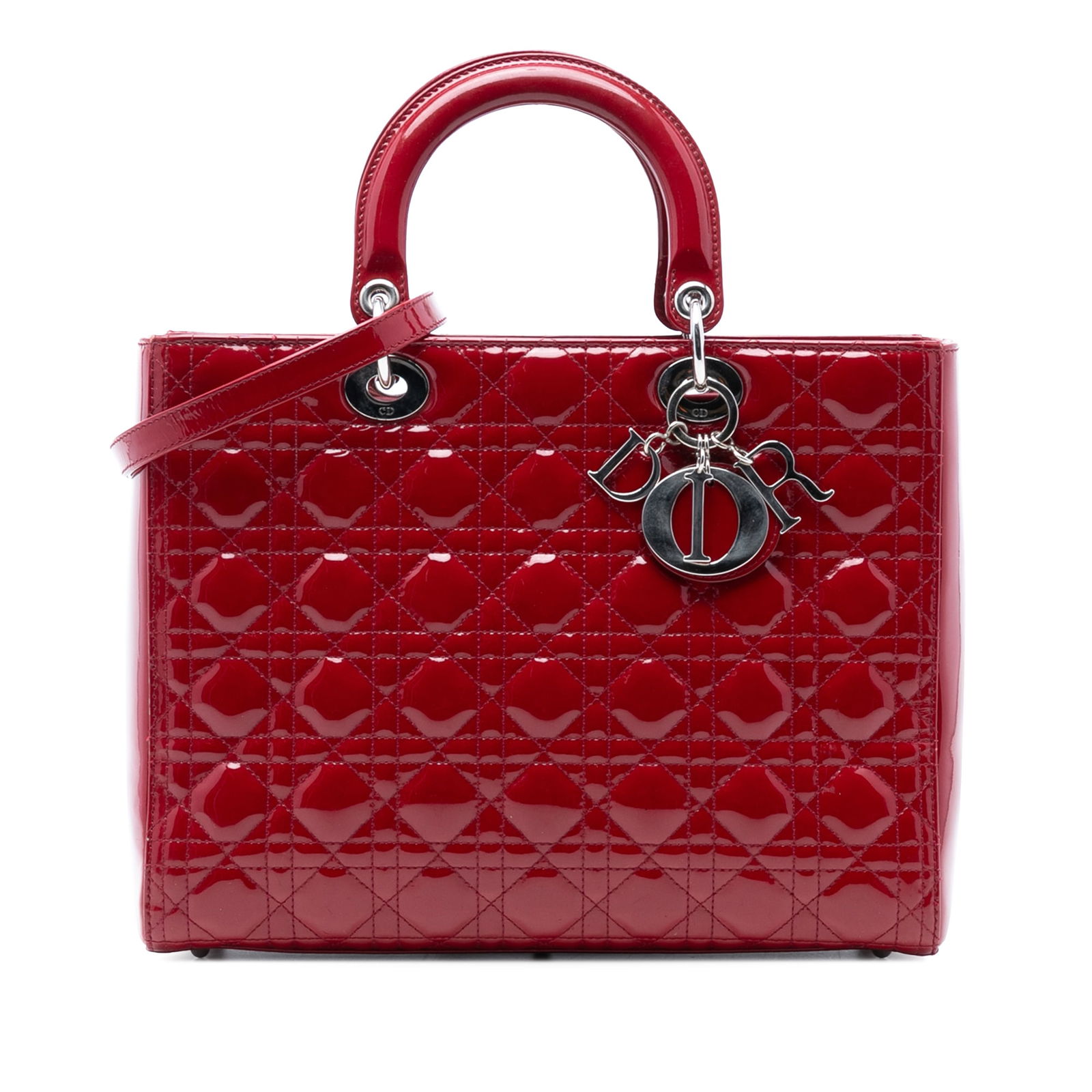 Dior Lady Dior Large Red Patent Cannage Quilted Leather Shoulder Bag: Dior Lady Dior Large Red Patent Cannage Quilted Leather Shoulder Bag This Lady Dior handbag features a quilted patent leather exterior in red with flat leather top handles and a detachable flat leathe