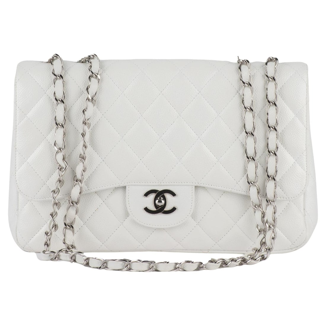 Chanel Jumbo White Caviar Single Flap Bag with Silver Hardware: Chanel Jumbo White Caviar Single Flap Bag with Silver Hardware Introducing the Chanel White Caviar Jumbo Single Flap, a timeless piece that combines elegance with functionality. Crafted from white dia