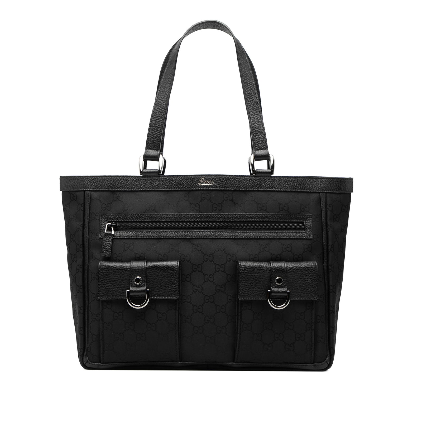 Gucci Abbey D-Ring Tote Black GG Nylon With Leather Trim: Gucci Abbey D-Ring Tote Black GG Nylon With Leather Trim This Gucci Abbey D-Ring tote bag is crafted from durable nylon with leather trim and features flat leather straps. The bag offers an open top w