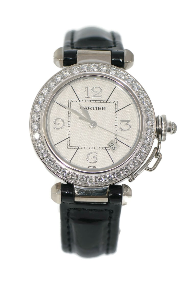 Cartier Pasha 18K White Gold Diamond Watch Ref 2398 with Box and Papers: Cartier Pasha 18K White Gold Diamond Watch Ref 2398 with Box and Papers Discover the elegance of this Cartier Pasha Diamond Watch, crafted in 18K white gold. This luxurious wristwatch features a strik
