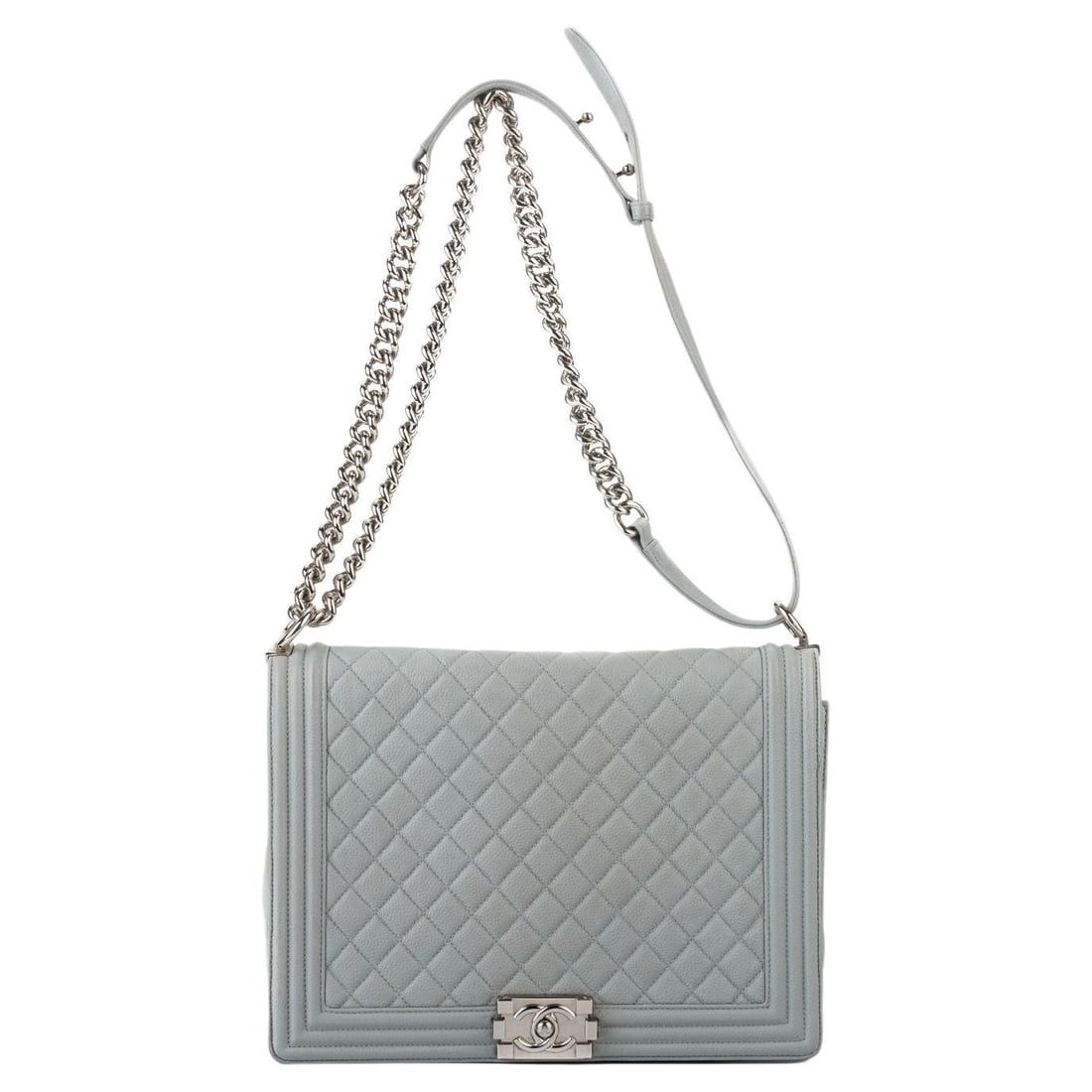 Chanel Maxi Boy Bag Grey Caviar Leather Collection 17 with Hologram: Chanel Maxi Boy Bag Grey Caviar Leather Collection 17 with Hologram This elegant Chanel Maxi Boy Bag is crafted from luxurious grey caviar leather and features striking silver tone hardware. With dime