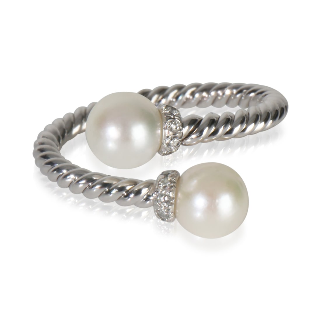 Solari Bypass Pearl and Diamond Ring in 18k White Gold by David Yurman: Solari Bypass Pearl and Diamond Ring in 18k White Gold by David Yurman This David Yurman Solari Bypass ring features a white pearl as the main stone, accented by round brilliant 0.12 ct diamonds with