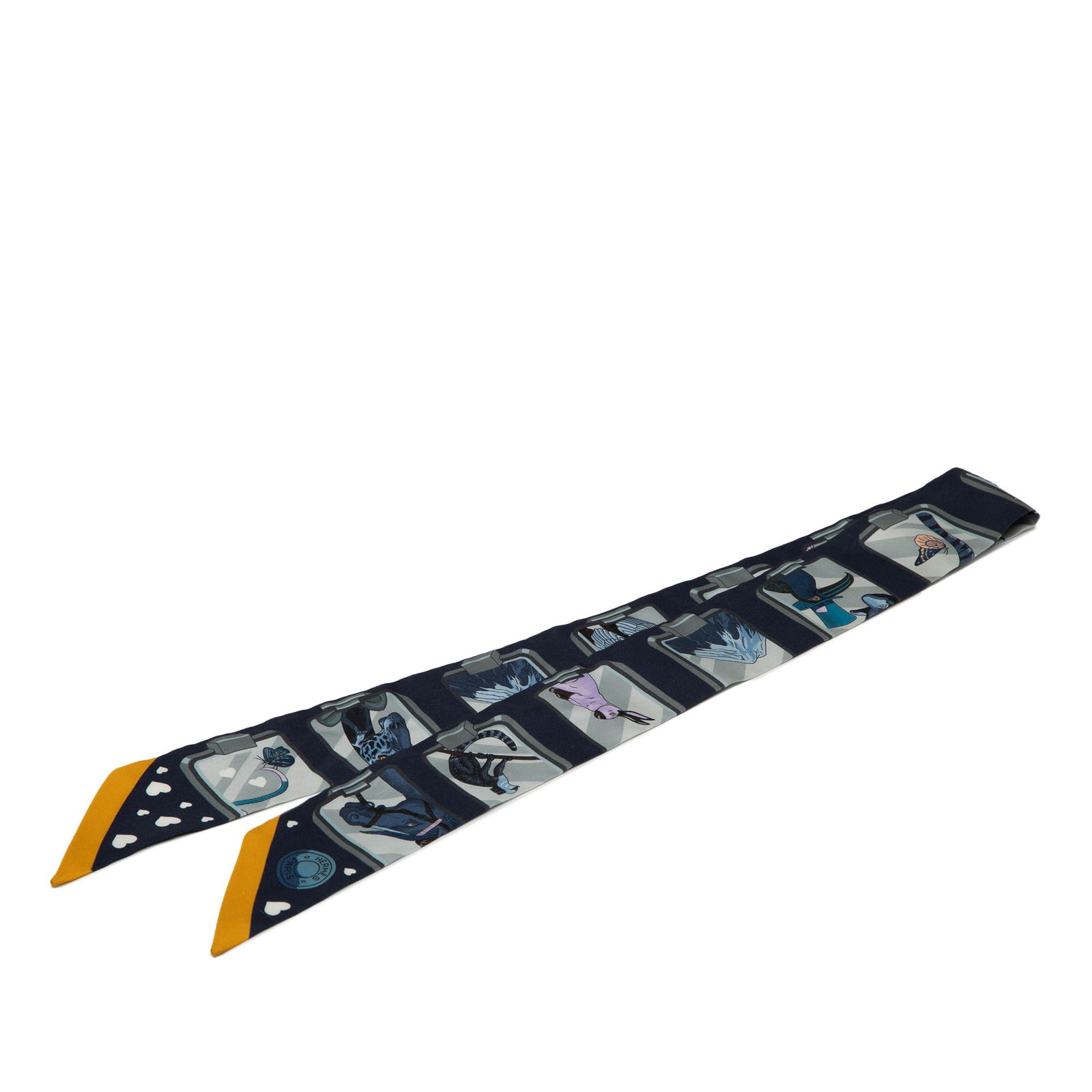 Hermes Story Marine Silk Twilly Scarf 100% Silk Blue: Hermes Story Marine Silk Twilly Scarf 100% Silk Blue The Hermes Story Marine Twilly Silk Scarf showcases a stunning print crafted from 100% silk, perfect for adding a touch of elegance to any outfit.