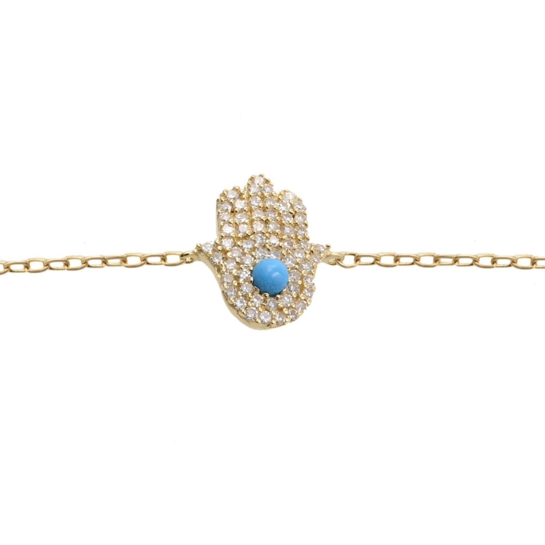 Rachel Koen 14k Yellow Gold Diamond Turquoise Hamsa Bracelet 0.15cttw Adjustable: Rachel Koen 14k Yellow Gold Diamond Turquoise Hamsa Bracelet 0.15cttw Adjustable This exquisite Hamsa bracelet, designed by Rachel Koen, is crafted from 14k yellow gold, showcasing a stunning turquois