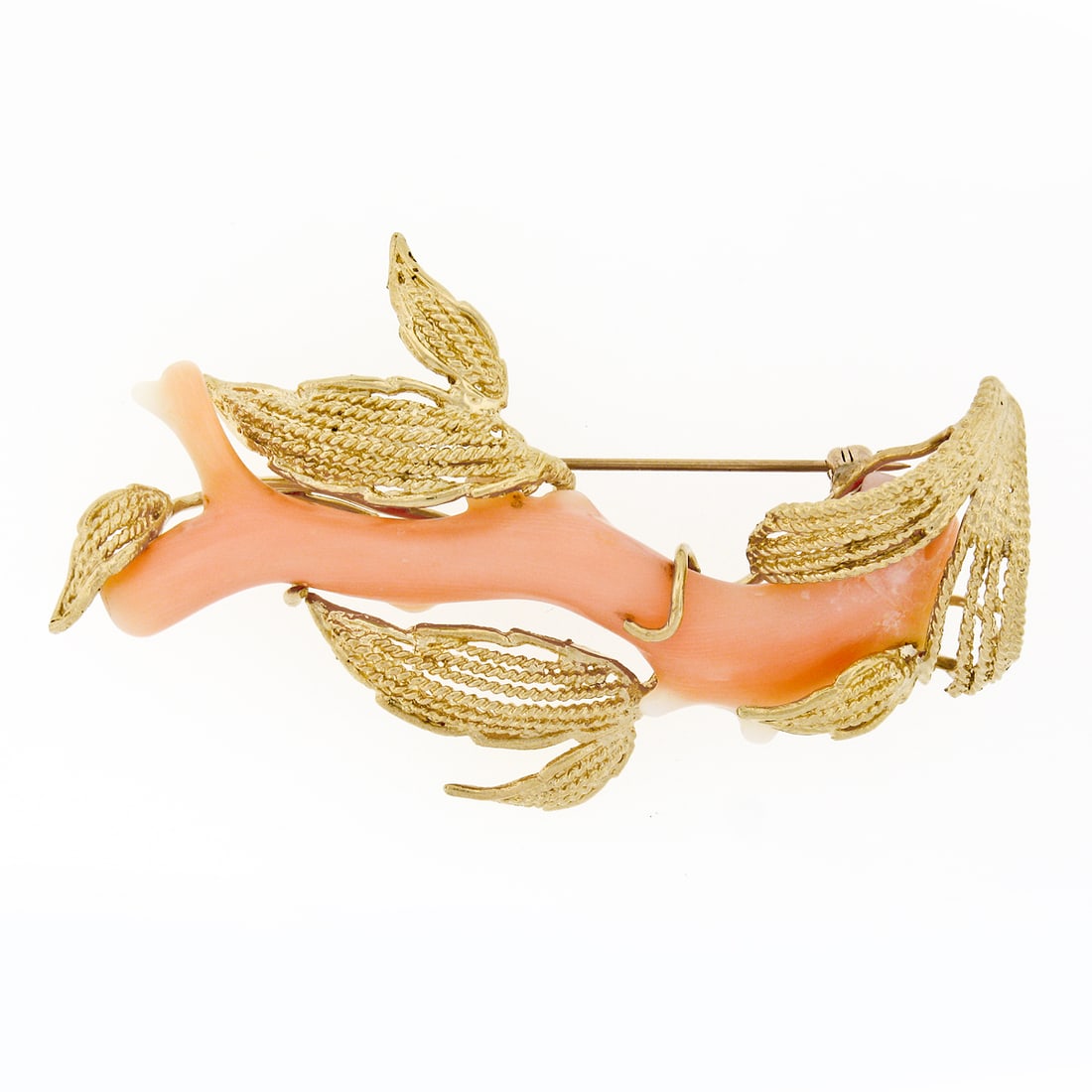 Vintage 14K Yellow Gold Angel Skin Coral Leaf Brooch Pin: Vintage 14K Yellow Gold Angel Skin Coral Leaf Brooch Pin This exquisite vintage brooch pin is crafted from solid 14K yellow gold and showcases a stunning natural angel skin coral stone. The coral, wit