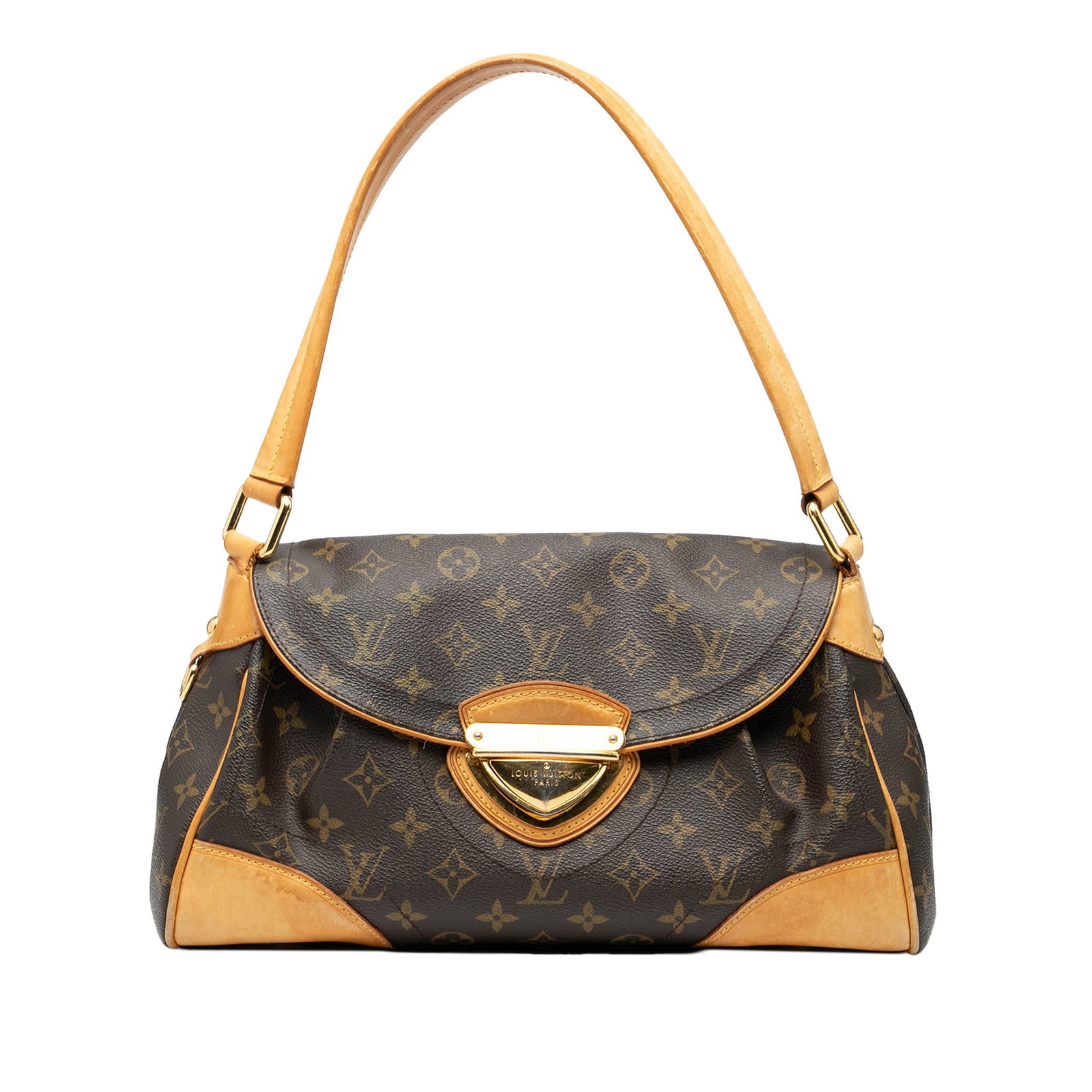 Monogram Beverly MM Shoulder Bag by Louis Vuitton with Leather Trim: Monogram Beverly MM Shoulder Bag by Louis Vuitton with Leather Trim This Louis Vuitton Monogram Beverly MM features a monogram canvas body with vachetta leather trim, a flat vachetta leather strap, a