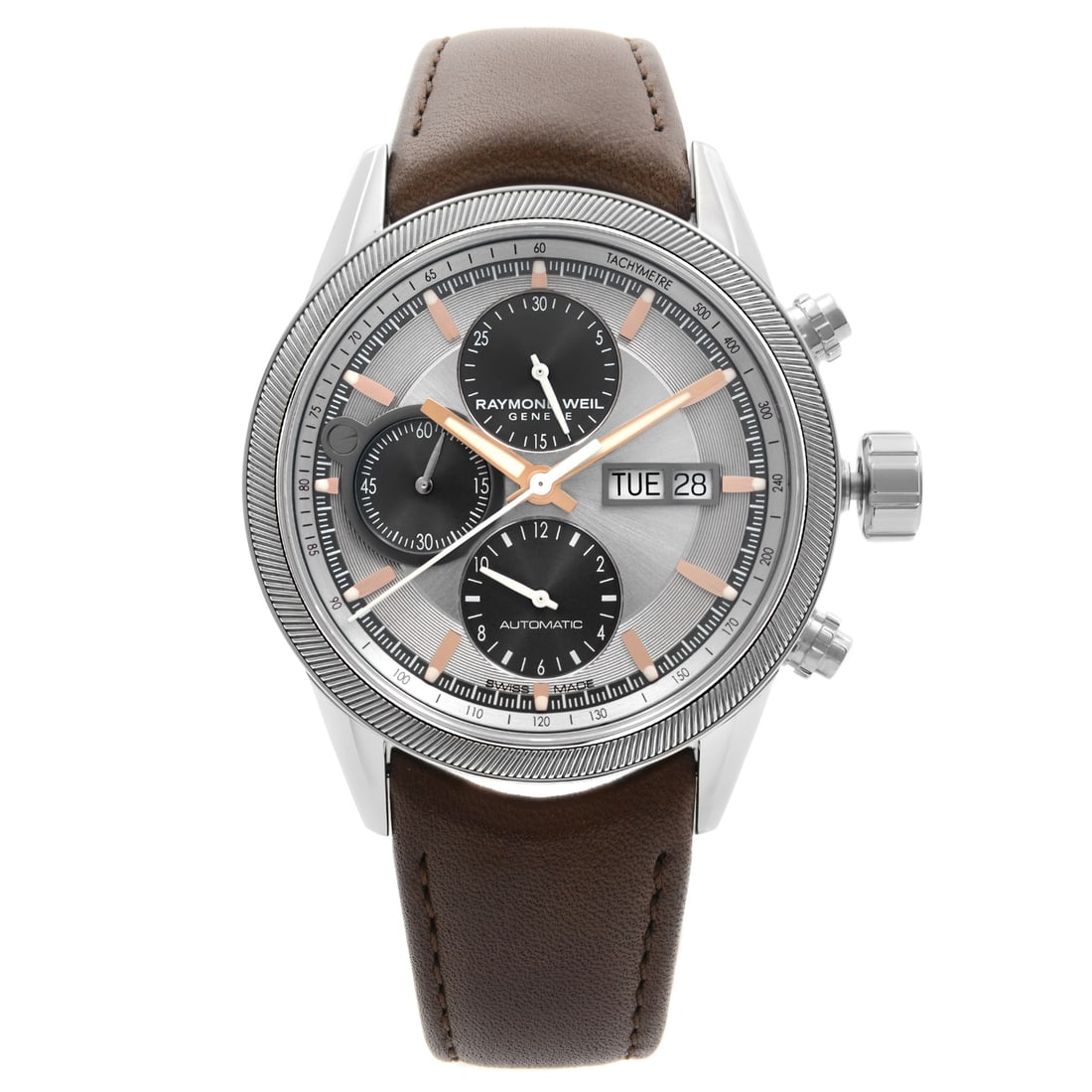 Raymond Weil Freelancer 42mm Automatic Watch Silver Dial Brown Leather Strap 7731-SC2-65655 (1 of 6)
