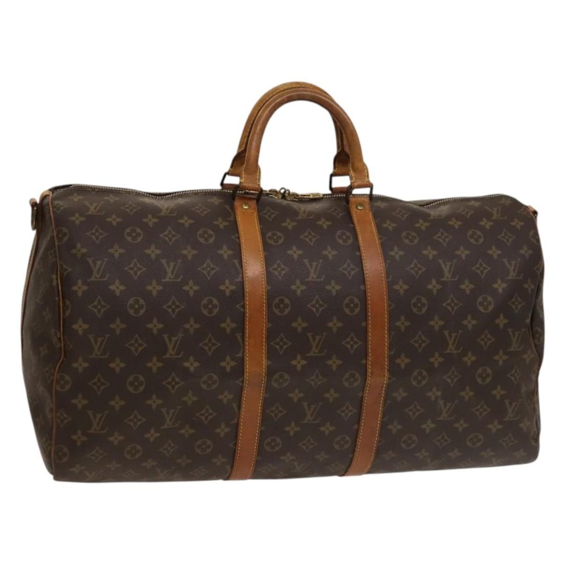 Keepall Bandouliere Travel Bag in Brown by Louis Vuitton: Keepall Bandouliere Travel Bag in Brown by Louis Vuitton This Louis Vuitton Keepall Bandouliere bag features a brown exterior with noticeable signs of use, including surface rubbing and areas of wear.