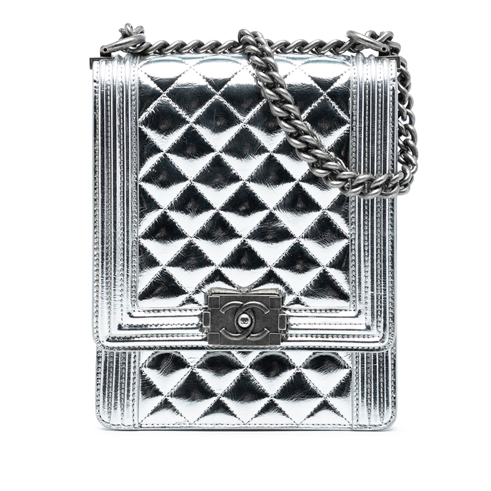 Chanel Boy North South Flap Bag in Silver Quilted Metallic Calfskin (1 of 8)