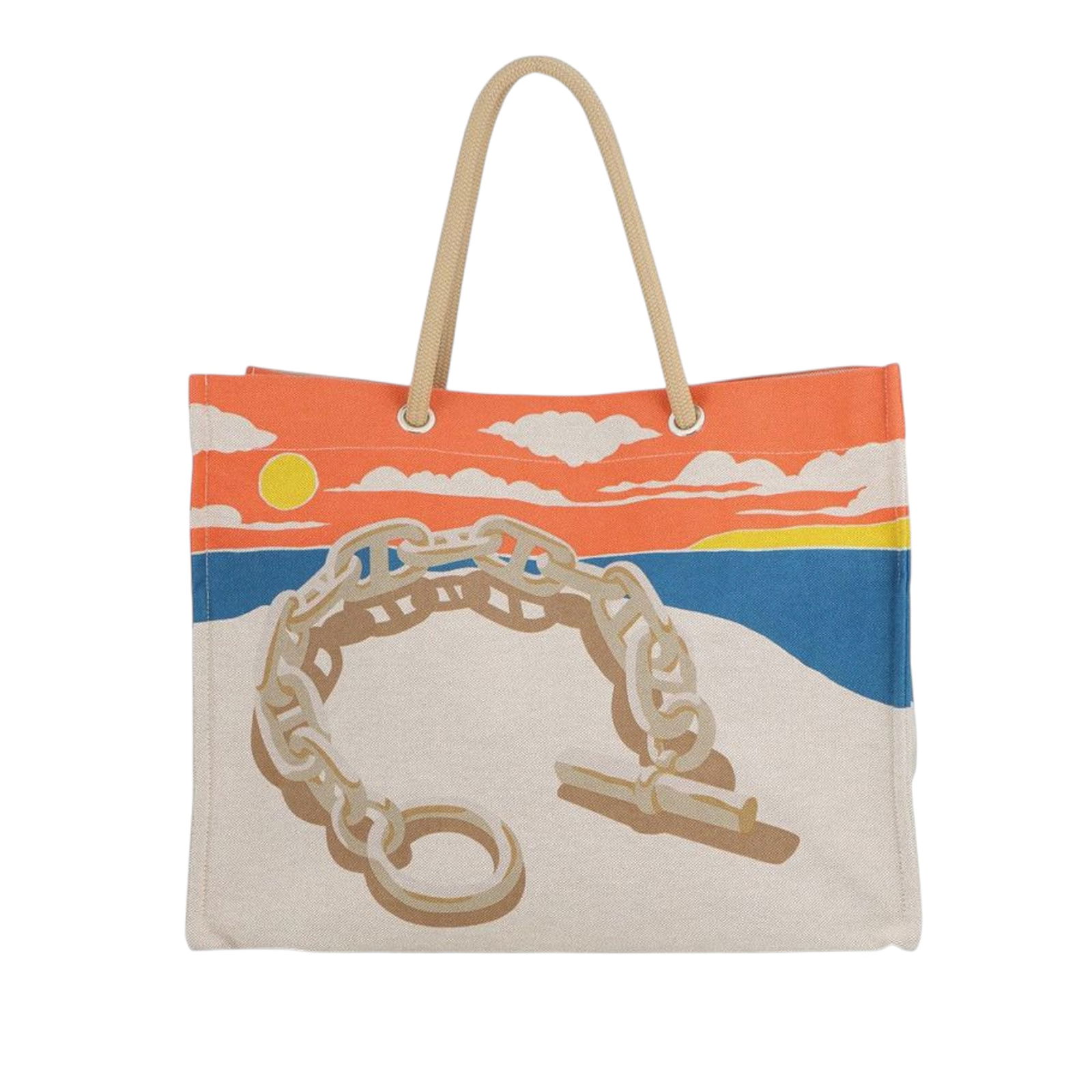 Toile Escale a la Plage Canvas Tote by Hermes with Rope Handles: Toile Escale a la Plage Canvas Tote by Hermes with Rope Handles This Hermes Toile Escale a la Plage Beach Bag features a canvas body in brown, rolled rope handles, an open top design, and interior sli