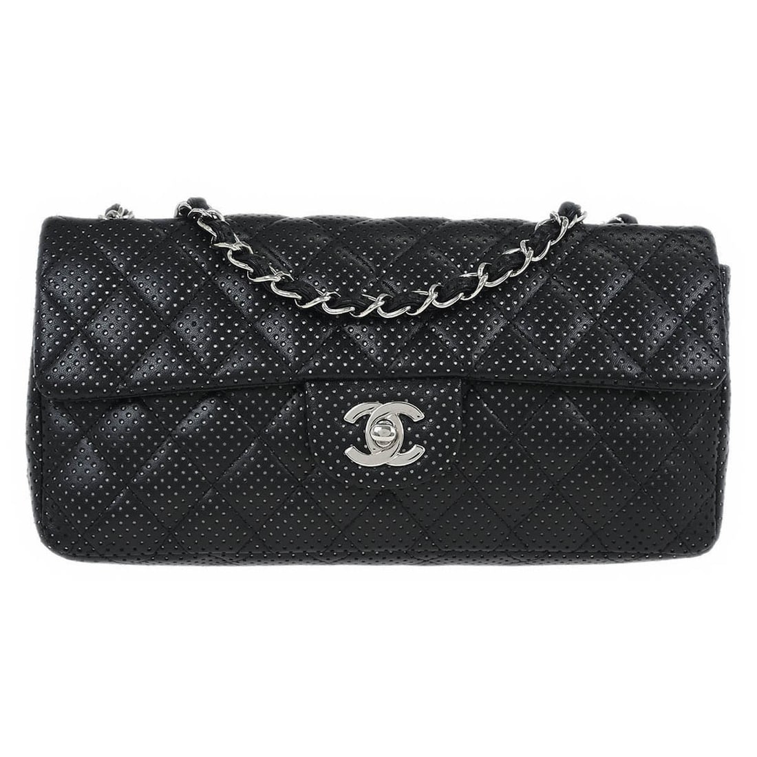 Chanel Black Lambskin East West Shoulder Bag with Turnlock Closure: Chanel Black Lambskin East West Shoulder Bag with Turnlock Closure Introducing the Chanel Black Perforated Lambskin East West Shoulder Bag, a sophisticated accessory perfect for casual occasions. This