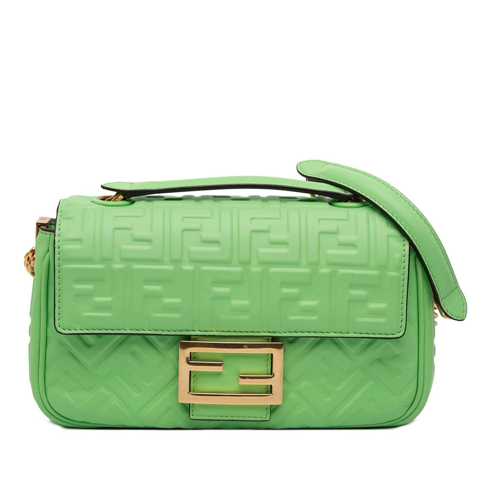 Fendi Small FF Nappa Green Leather Midi Baguette with Gold Chain: Fendi Small FF Nappa Green Leather Midi Baguette with Gold Chain Introducing the Fendi Small FF Nappa Embossed Chain Midi Baguette, a stylish shoulder bag crafted from embossed leather. This elegant a