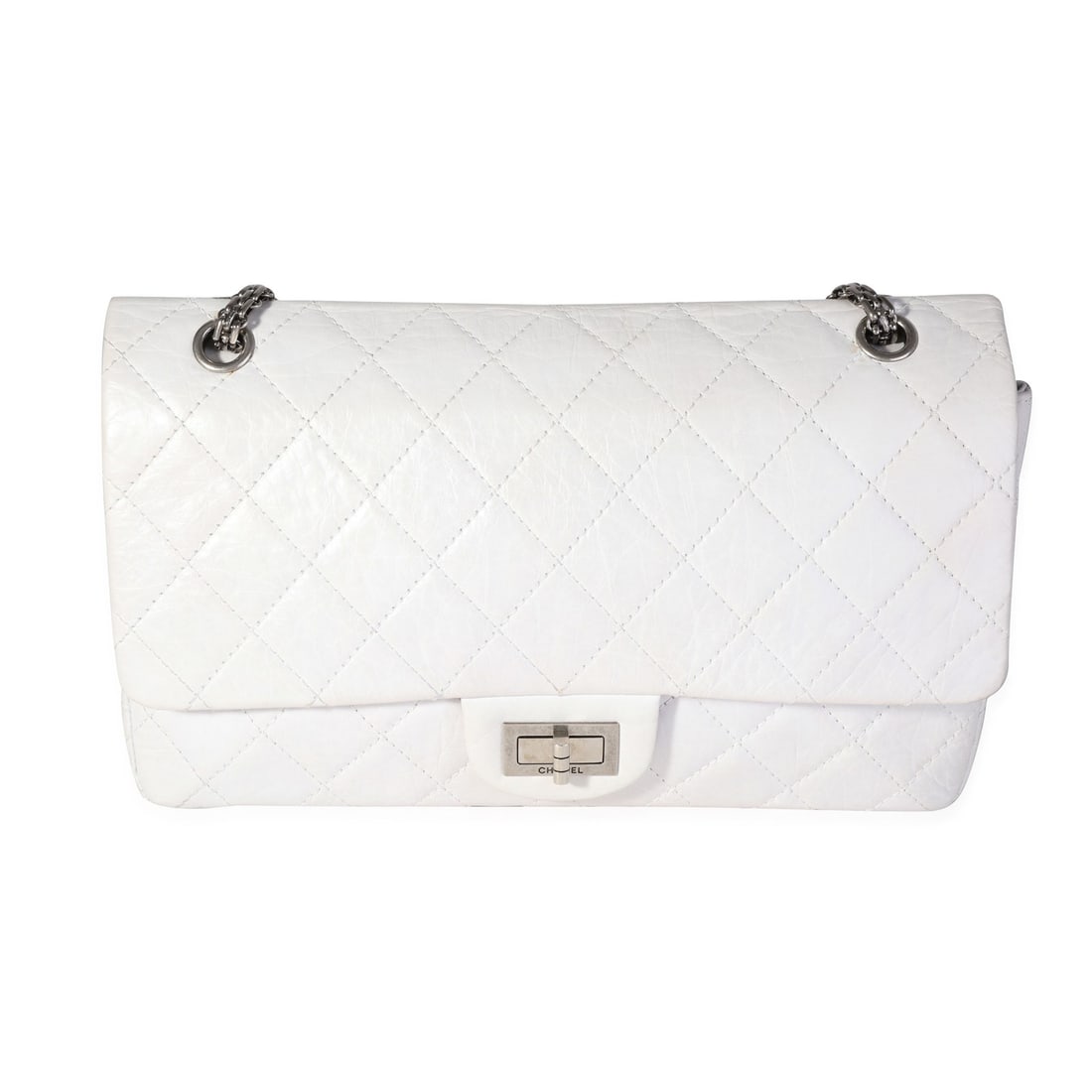 Chanel 2.55 Reissue 227 Flap White Calfskin Shoulder Bag: Chanel 2.55 Reissue 227 Flap White Calfskin Shoulder Bag This Chanel 2.55 Reissue 227 Flap handbag is a stunning piece crafted from white aged calfskin leather, featuring a classic quilted design. The