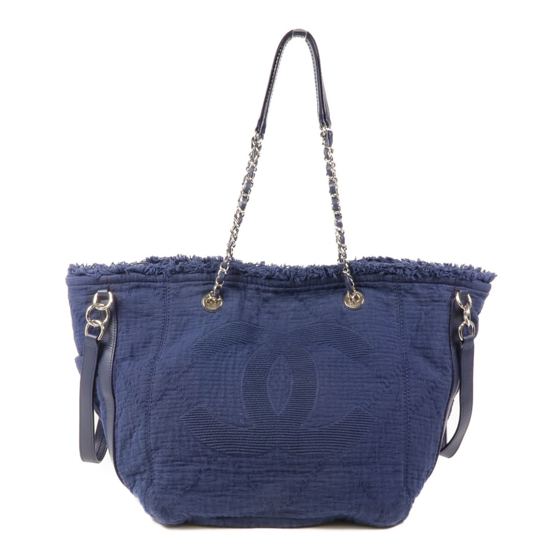 CHANEL Blue Canvas Chain Shoulder Bag with SHW: CHANEL Blue Canvas Chain Shoulder Bag with SHW This exquisite CHANEL shoulder bag showcases a stylish blue canvas exterior, offering a chic yet practical accessory for any occasion. With dimensions of
