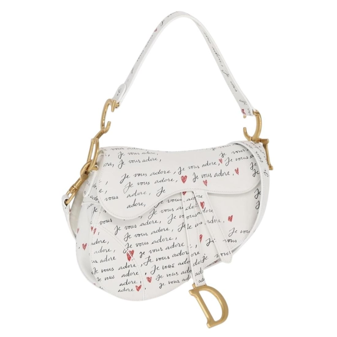 White Leather Je Vous Adore Heart Saddle Shoulder Bag by Christian Dior: White Leather Je Vous Adore Heart Saddle Shoulder Bag by Christian Dior This Christian Dior Heart Je Vous Adore Saddle Bag is crafted from white leather with gold-tone accents. Designed as a shoulder