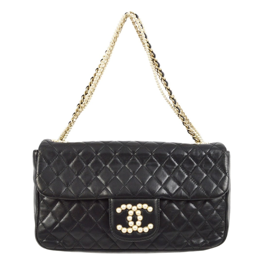 Chanel Black Lambskin Top Handle Handbag with Pearl Chain: Chanel Black Lambskin Top Handle Handbag with Pearl Chain This stylish Chanel handbag combines luxury and functionality, crafted from premium black lambskin. With a medium size, it features a chic top