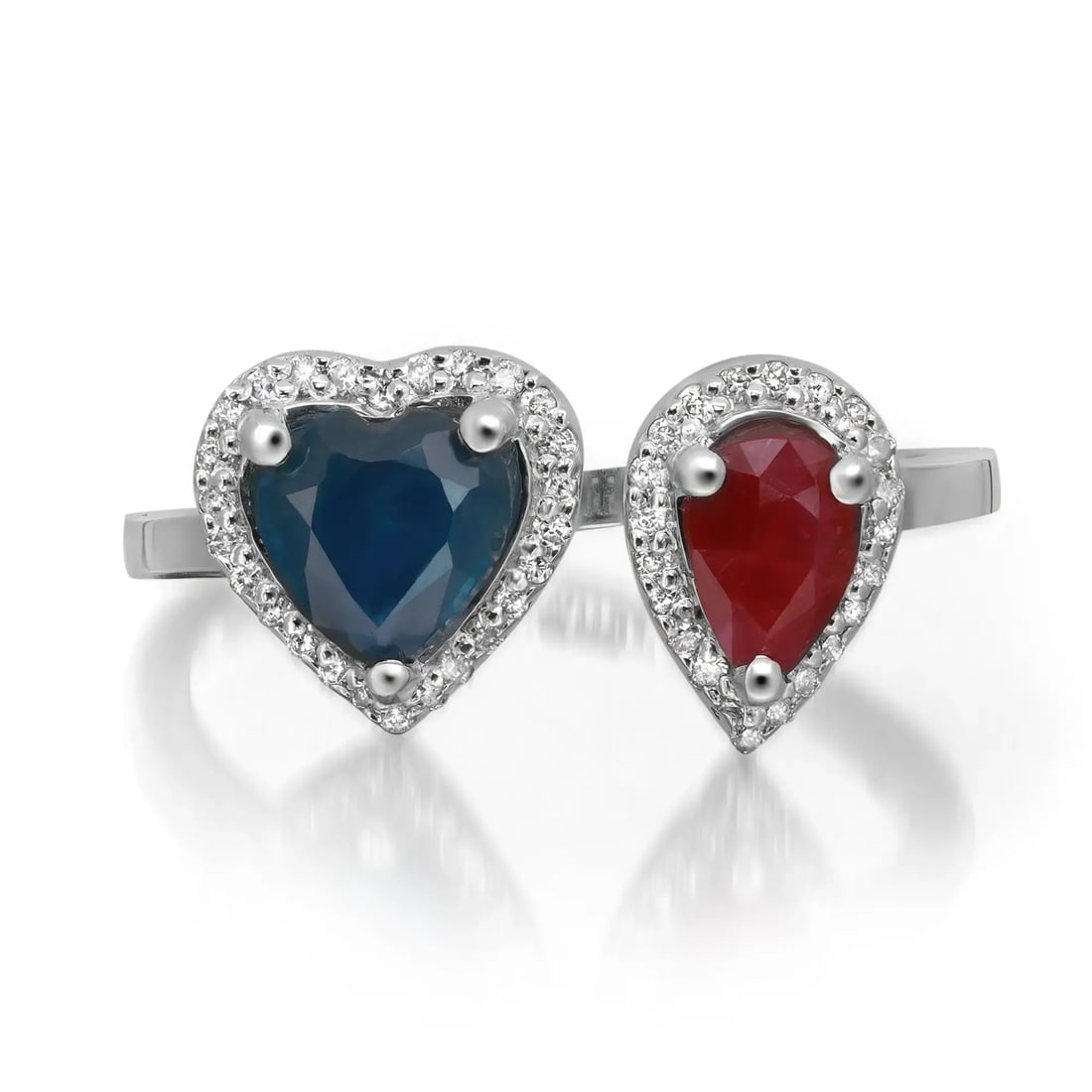 Rachel Koen Ruby Blue Sapphire Diamond Halo Ring 14K White Gold Engagement: Rachel Koen Ruby Blue Sapphire Diamond Halo Ring 14K White Gold Engagement This exquisite Ruby and Blue Sapphire Diamond Halo Engagement Ring is a stunning piece crafted from 14K white gold. It featur