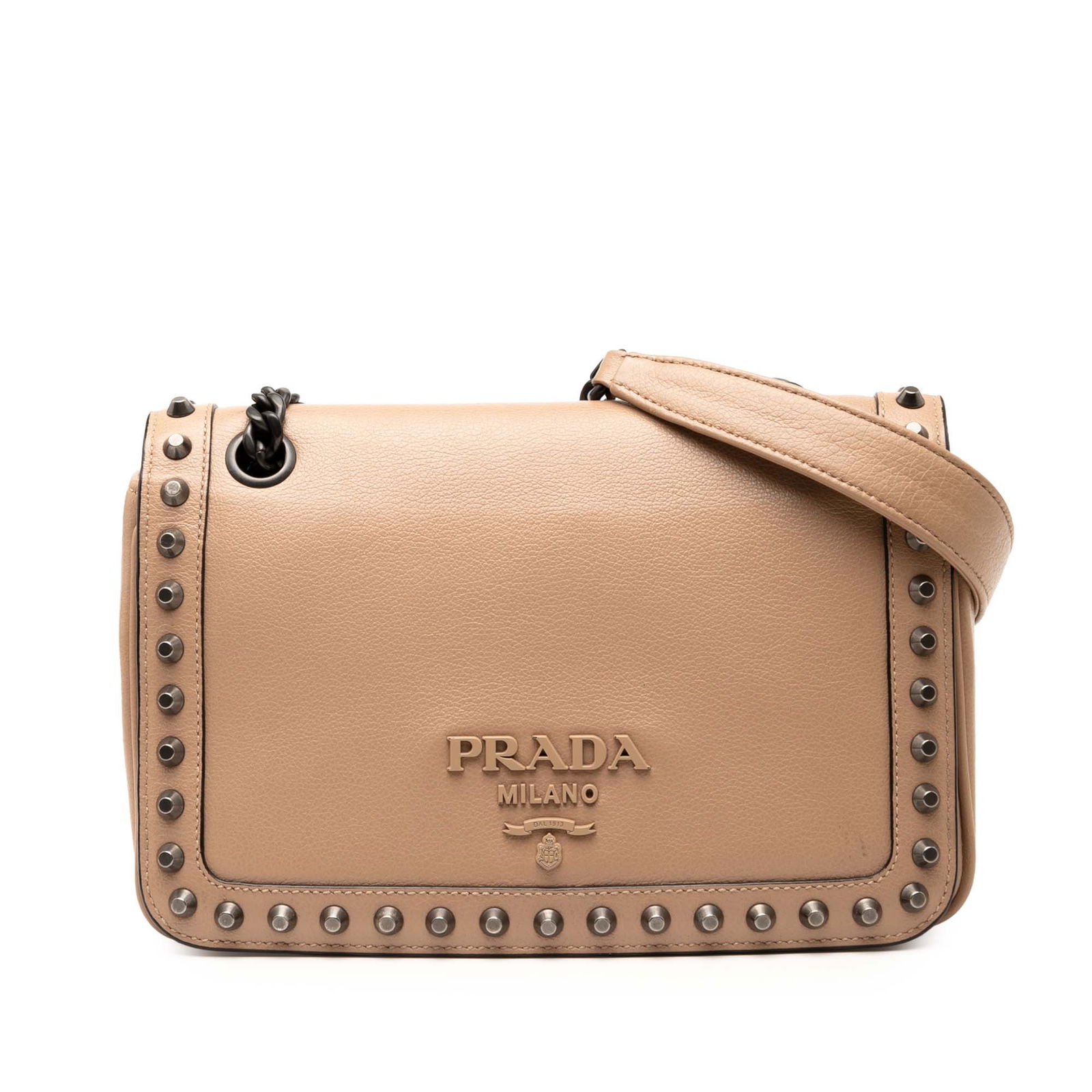 Prada Glace Calfskin Studded Crossbody Bag Brown Italy: Prada Glace Calfskin Studded Crossbody Bag Brown Italy This Prada Glace Calfskin Studded Crossbody bag showcases a stylish design with a studded calf leather body. It features a chain link strap with