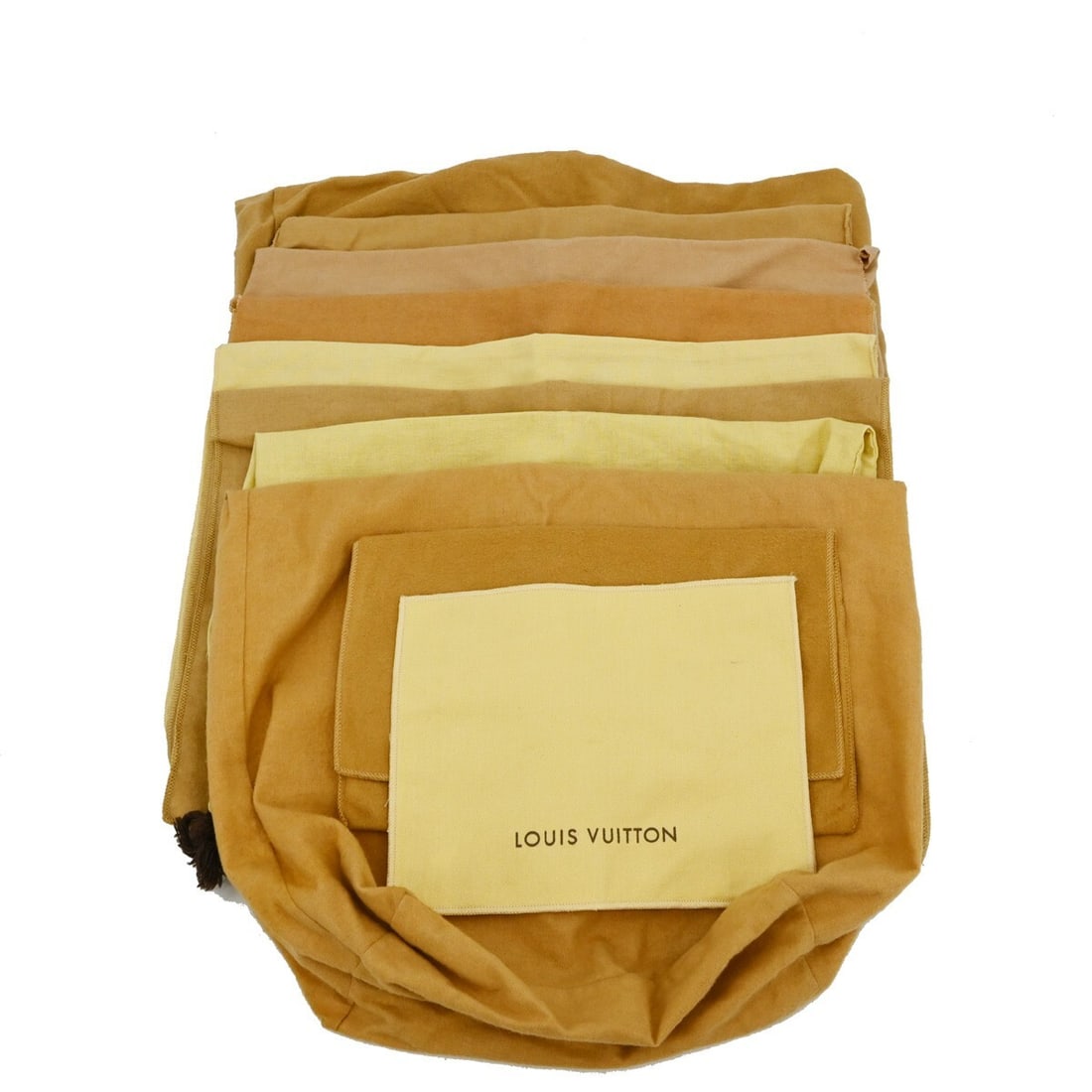 Louis Vuitton 10 Piece Dust Bag Set 100% Cotton Brown Beige Authentic: Louis Vuitton 10 Piece Dust Bag Set 100% Cotton Brown Beige Authentic This authentic Louis Vuitton dust bag set includes 10 pieces, crafted from 100% cotton. The bags feature a classic brown and beige