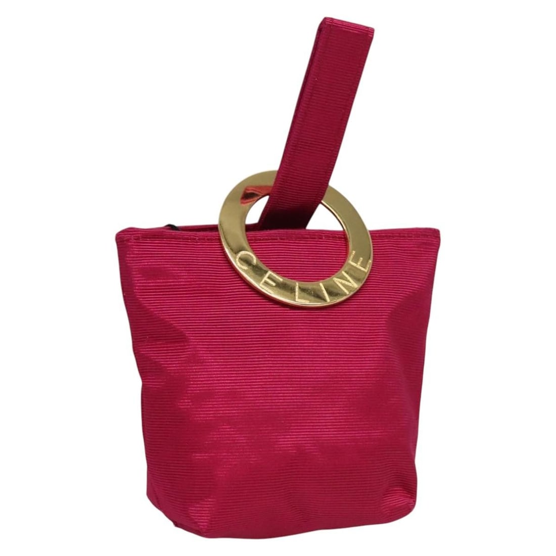 CELINE Black Nylon Pouch with Gold Accents Authentic 114590: CELINE Black Nylon Pouch with Gold Accents Authentic 114590 This authentic CELINE pouch is crafted from durable nylon in a vibrant pink and gold color scheme. Designed for versatility, it is perfect f