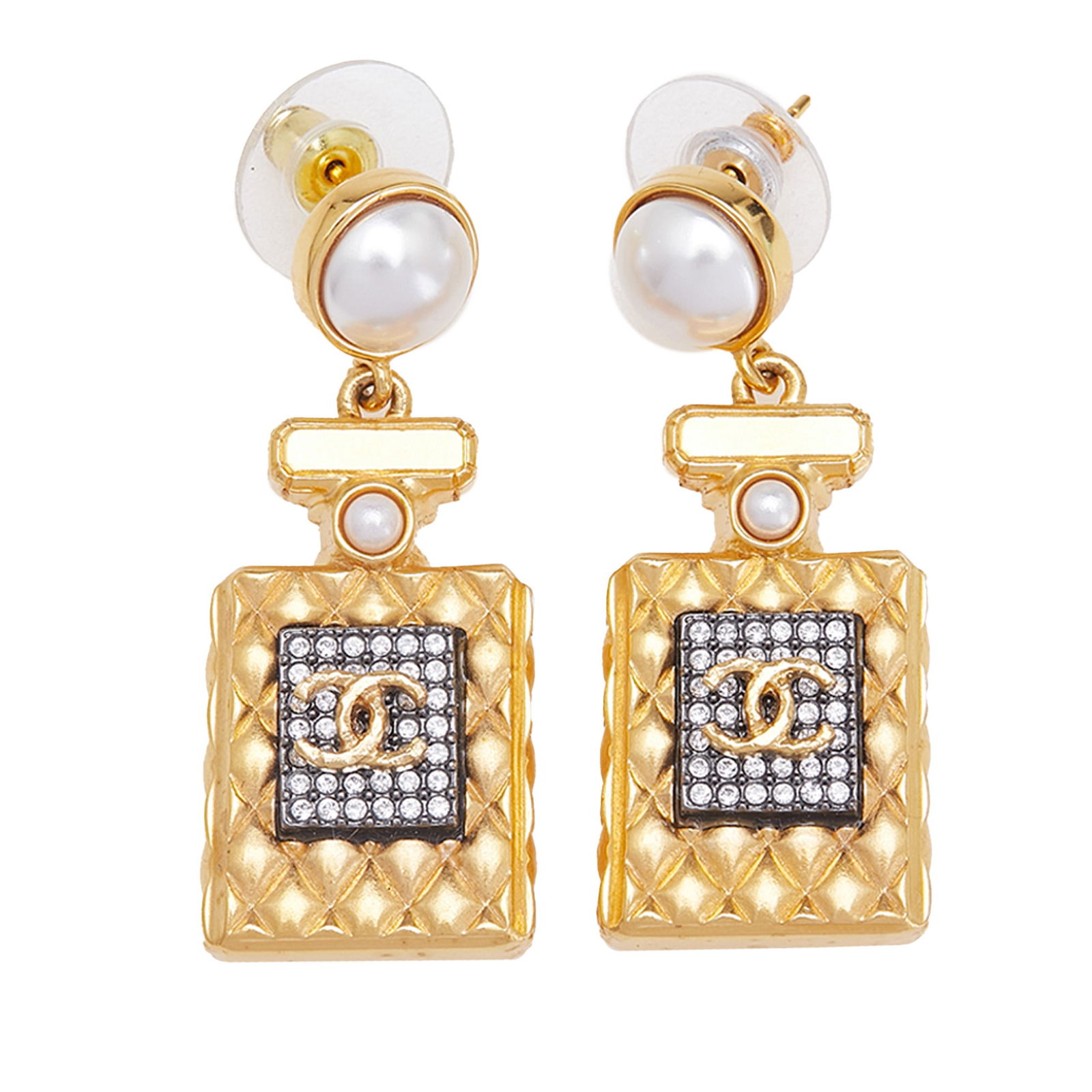 Chanel Gold Plated Faux Pearl CC Perfume Bottle Earrings: Chanel Gold Plated Faux Pearl CC Perfume Bottle Earrings Add a touch of elegance to your look with these exquisite Chanel earrings. Crafted from gold tone metal, they feature a charming faux pearl bod