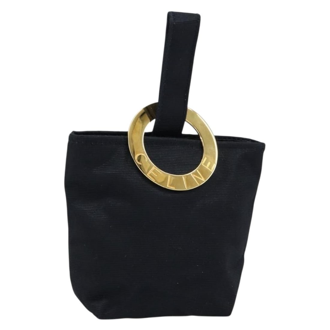 CELINE Black Gold Circle Pouch Nylon Auth 148187: CELINE Black Gold Circle Pouch Nylon Auth 148187 Introducing the CELINE Circle Pouch, a stylish accessory crafted from durable nylon in a sophisticated black and gold color scheme. This pouch features