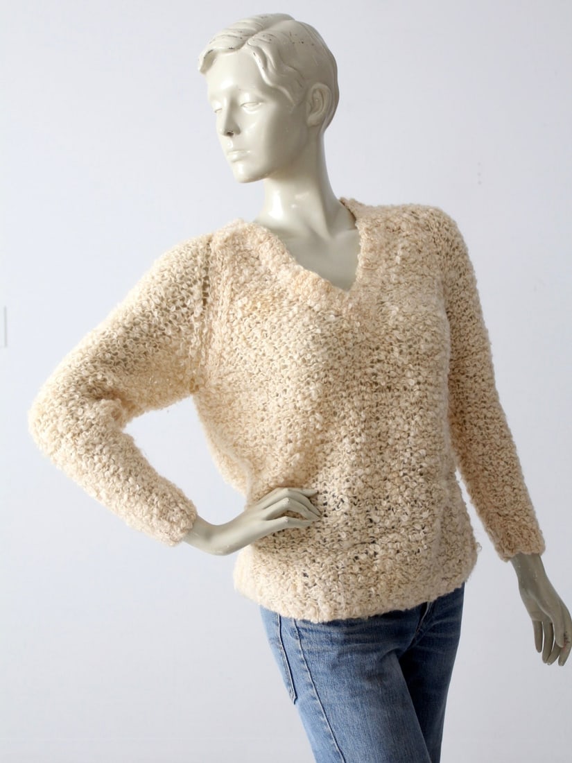 1960s Vintage Sears Cream Mohair Sweater V-Neck Pullover (1 of 7)