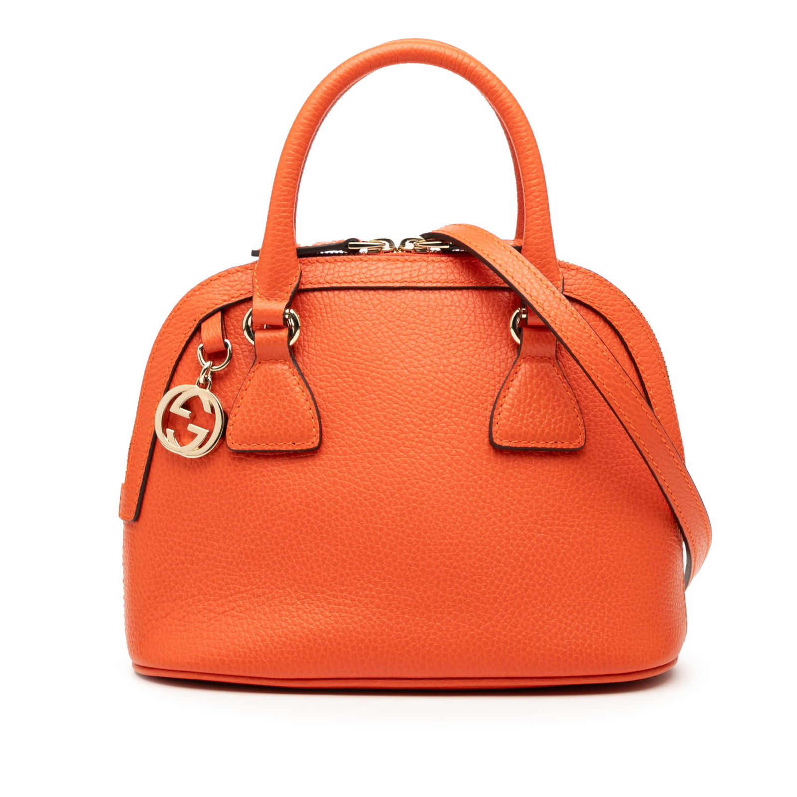 Gucci Mini Leather GG Charm Dome Satchel Orange Italy: Gucci Mini Leather GG Charm Dome Satchel Orange Italy The Gucci Mini Leather GG Charm Dome Satchel is a stylish accessory crafted from premium leather. It features a chic orange color with rolled leat