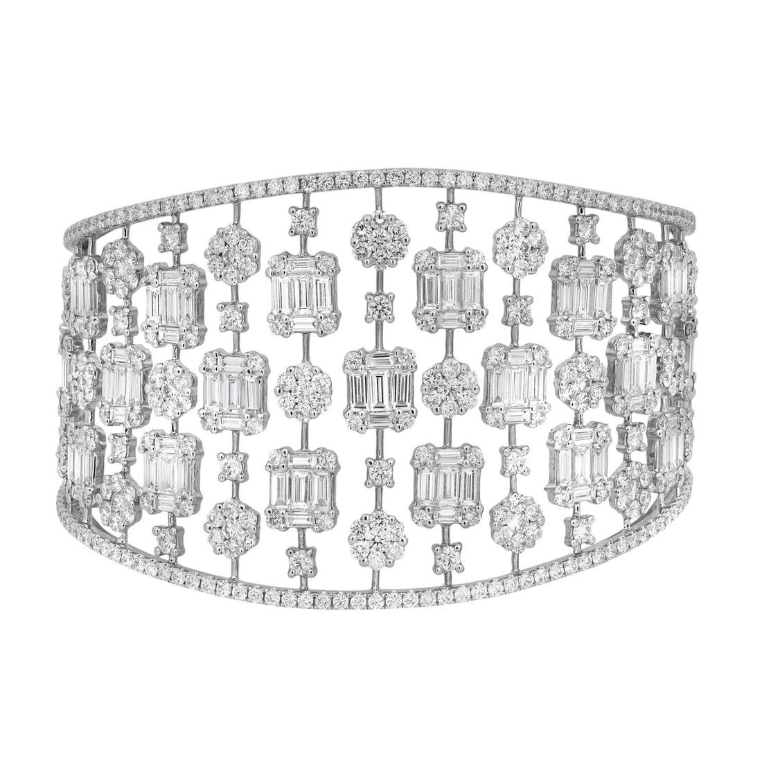 Rachel Koen 18K White Gold Diamond Cuff Bracelet 17.75Cttw Pave Setting: Rachel Koen 18K White Gold Diamond Cuff Bracelet 17.75Cttw Pave Setting Make a statement with this stunning cuff bangle bracelet, expertly crafted from high-polished 18K white gold. This unique piece