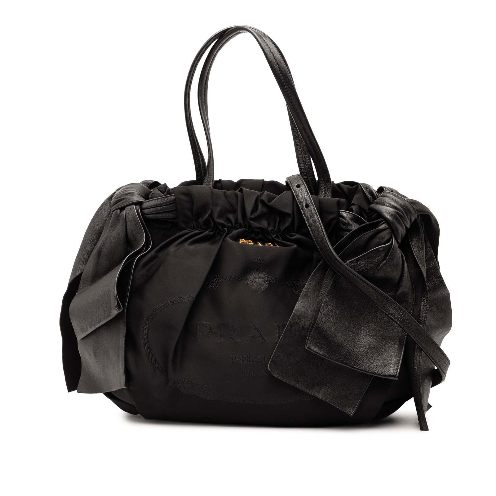 Black Prada Tessuto Logo Bow Satchel with Leather Handles and Side Bow Detail (1 of 7)