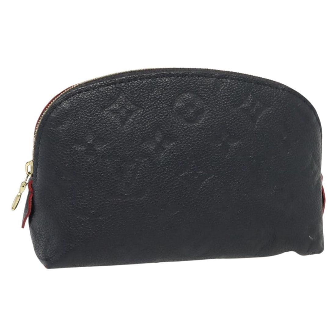 Navy Cosmetic Bag by Louis Vuitton with Goldtone Hardware: Navy Cosmetic Bag by Louis Vuitton with Goldtone Hardware Louis Vuitton cosmetic pouch in navy, designed for female use. The pouch shows slight rubbing, minor dirt, scratches on the exterior, and some
