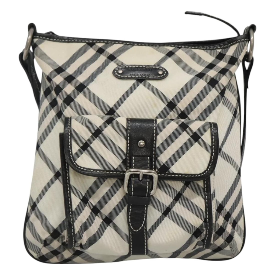 Shoulder Bag with Nova Check Blue Label Design by Burberry: Shoulder Bag with Nova Check Blue Label Design by Burberry This Burberry Nova Check Blue Label shoulder bag features a classic white exterior with signature check pattern. The bag shows signs of use,