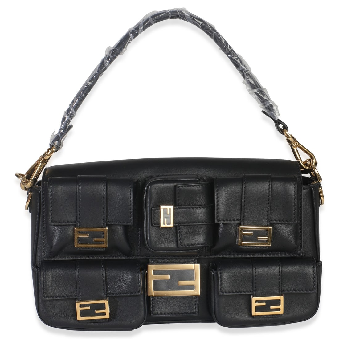Fendi Black Nappa Leather Multipocket Baguette Bag with Gold-Tone Hardware (1 of 8)