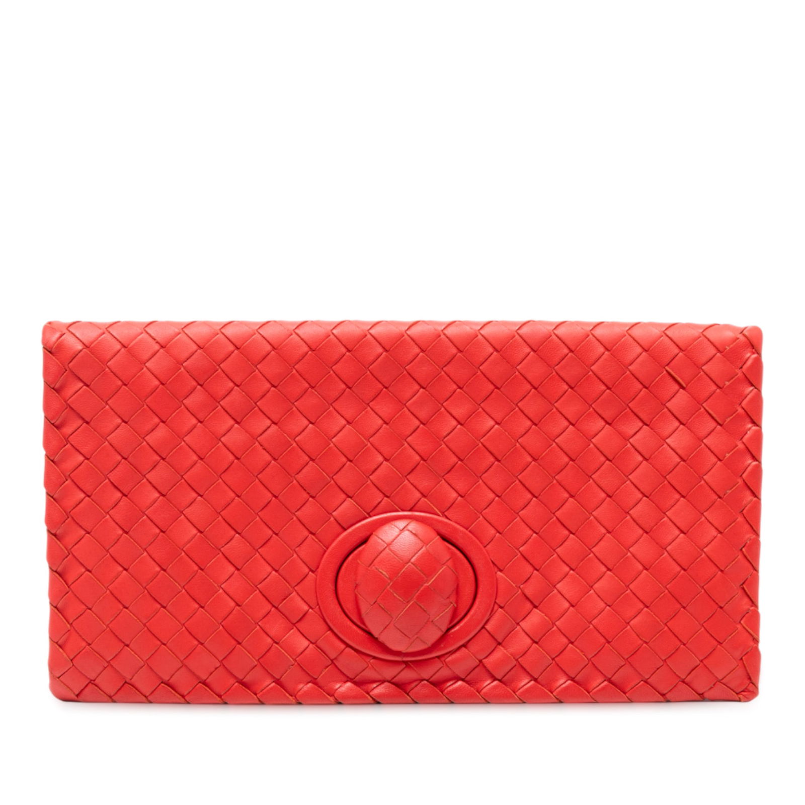 Bottega Veneta Red Nappa Intrecciato Leather Turn Lock Clutch: Bottega Veneta Red Nappa Intrecciato Leather Turn Lock Clutch This exquisite Bottega Veneta Nappa Intrecciato Turn Lock Clutch is crafted from luxurious woven nappa leather in a vibrant red hue. It fe
