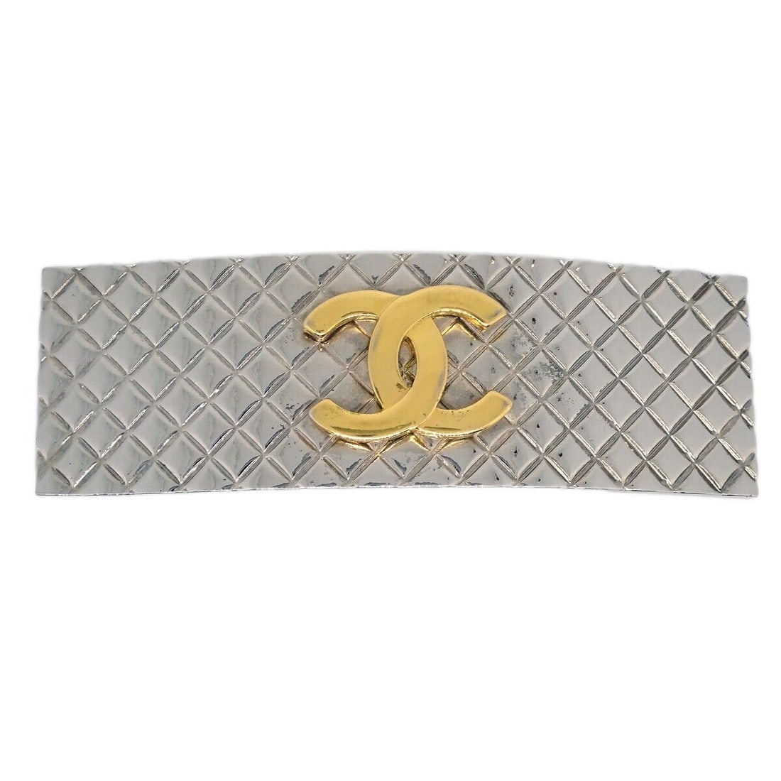 Chanel Silver Plated Hair Clip Barrette with Logo: Chanel Silver Plated Hair Clip Barrette with Logo Elevate your hairstyle with this elegant Chanel Hair Clip, designed for casual occasions. This barrette features a stunning silver-plated finish and i