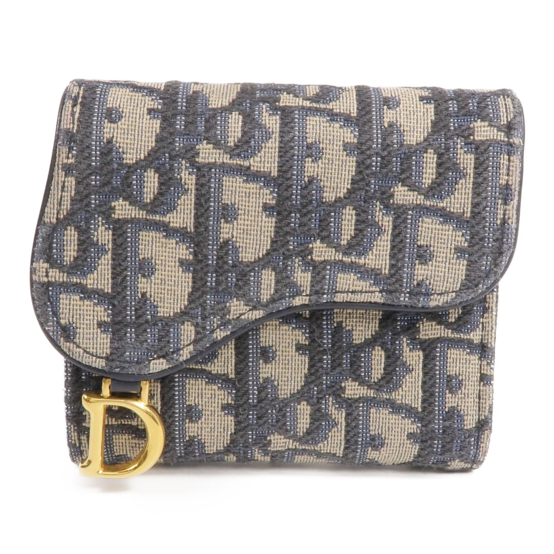 Dior Saddle Lotus Blue Canvas Trifold Wallet with Gold Hardware: Dior Saddle Lotus Blue Canvas Trifold Wallet with Gold Hardware This Christian Dior Saddle Lotus tri-fold wallet features a blue canvas exterior and gold-tone hardware. Designed in a compact tri-fold