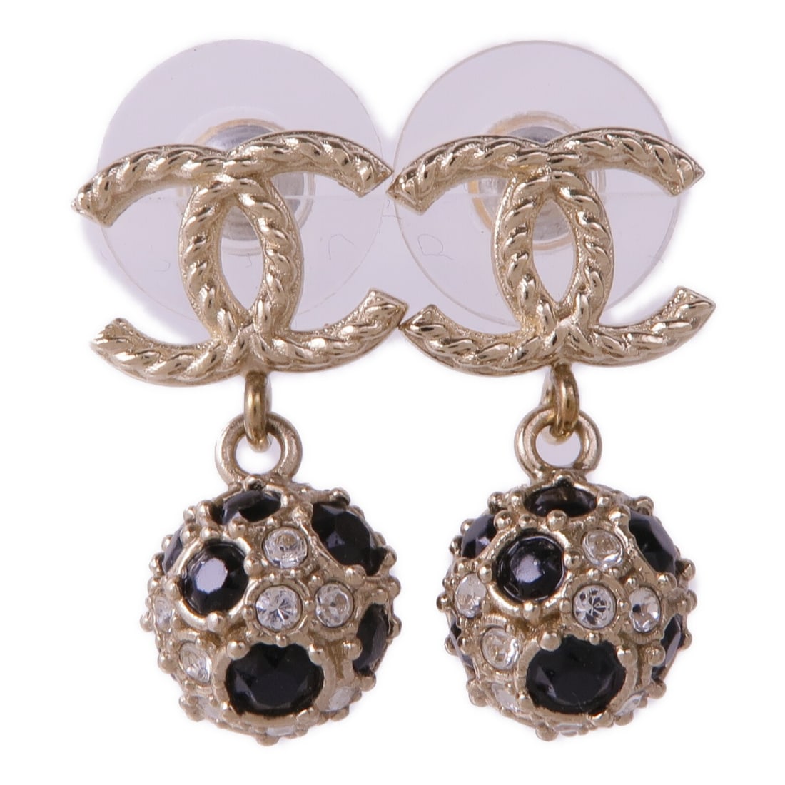 CHANEL Gold and Black Metal Pierced Earrings: CHANEL Gold and Black Metal Pierced Earrings Elevate your accessory collection with these stunning CHANEL CC Earrings. Perfectly crafted in a chic gold and black color palette, these pierced earrings
