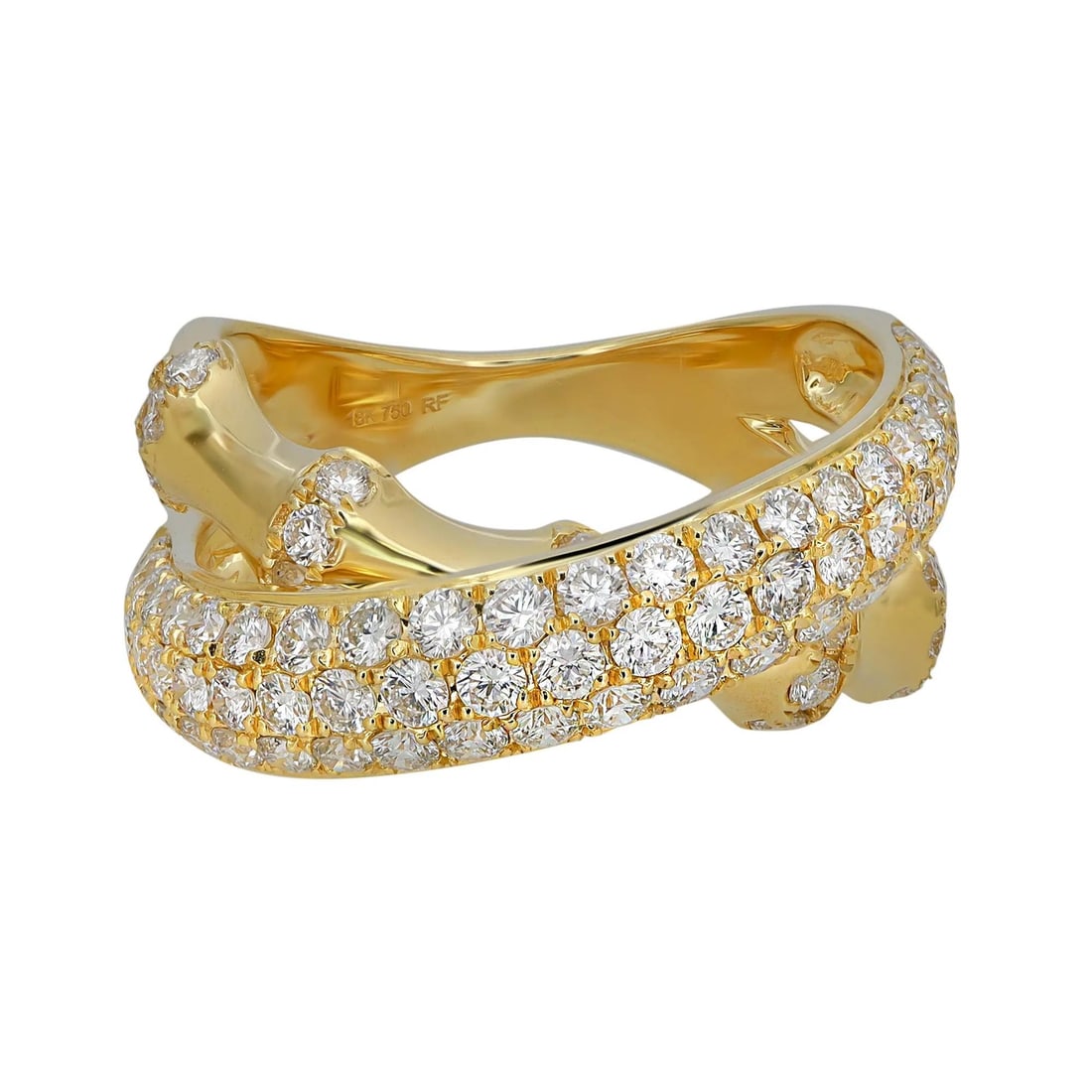 Rachel Koen 18K Yellow Gold Diamond Crossover Ring 1.71ct Size 6.5: Rachel Koen 18K Yellow Gold Diamond Crossover Ring 1.71ct Size 6.5 This stunning Pave Set Round Cut Diamond Crossover Band Ring is a true masterpiece, crafted from lustrous 18K yellow gold. The ring s