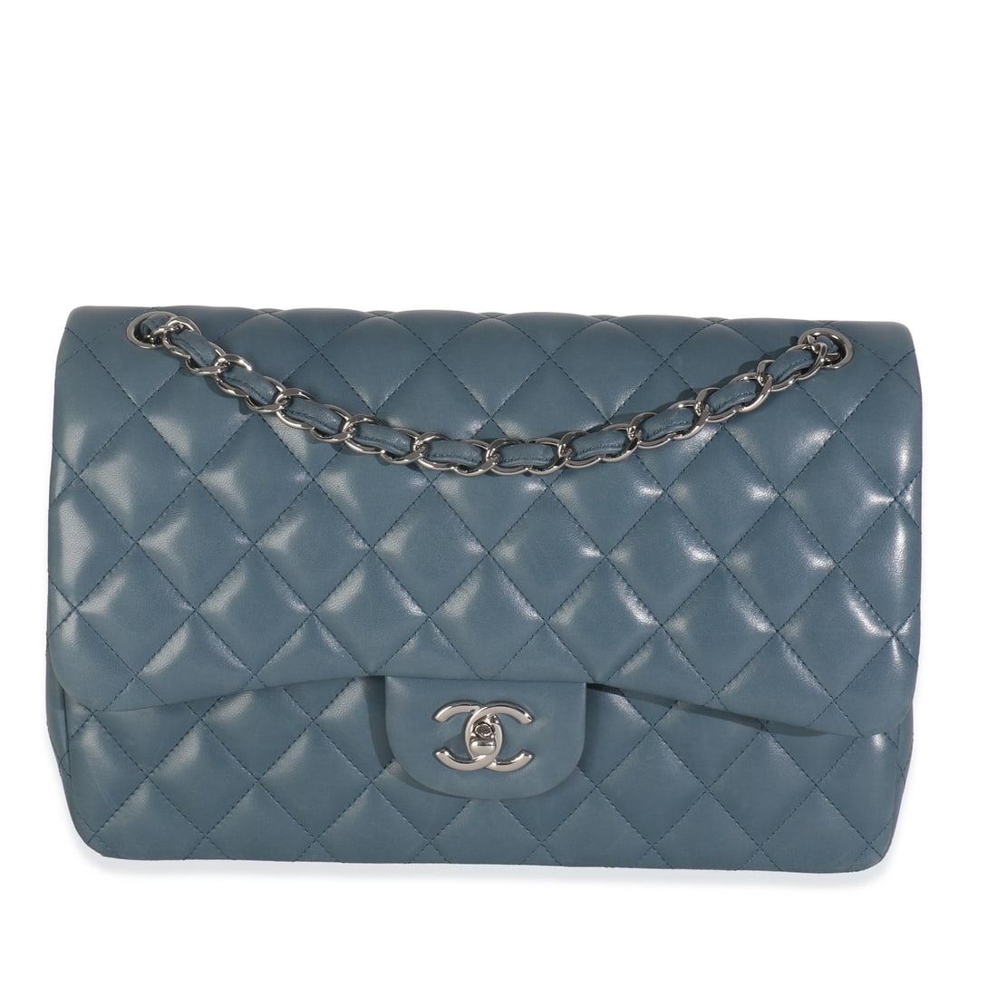 Chanel Jumbo Double Flap Bag Blue Lambskin Silver-Tone Hardware: Chanel Jumbo Double Flap Bag Blue Lambskin Silver-Tone Hardware This Chanel Blue Quilted Lambskin Jumbo Double Flap Bag is a stylish shoulder bag crafted from high-quality leather. With its elegant de