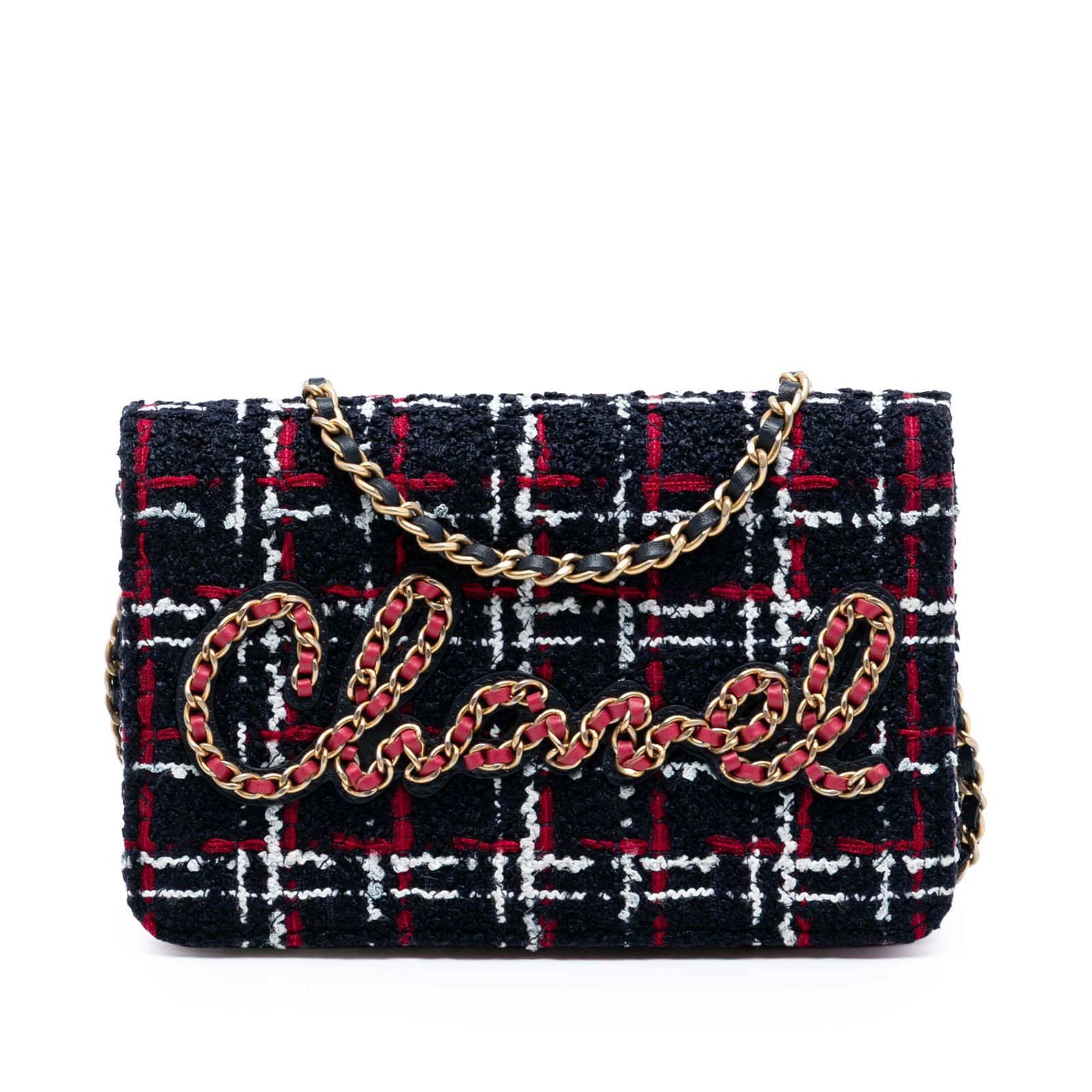 Chanel Tweed Wallet on Chain with Chain Logo Detailing: Chanel Tweed Wallet on Chain with Chain Logo Detailing This Chanel Tweed Written in Chain Logo Wallet on Chain features a quilted tweed body in blue, complemented by a leather-woven chain link strap.